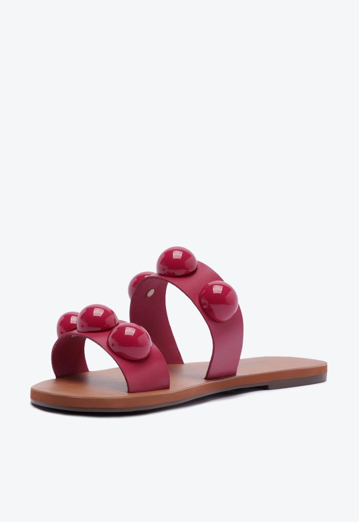 Rasteira Tiras Paralelas Esfera Pop Couro Rosa