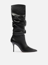 Bota Preta Couro Cano Longo Salto Alto Slouch