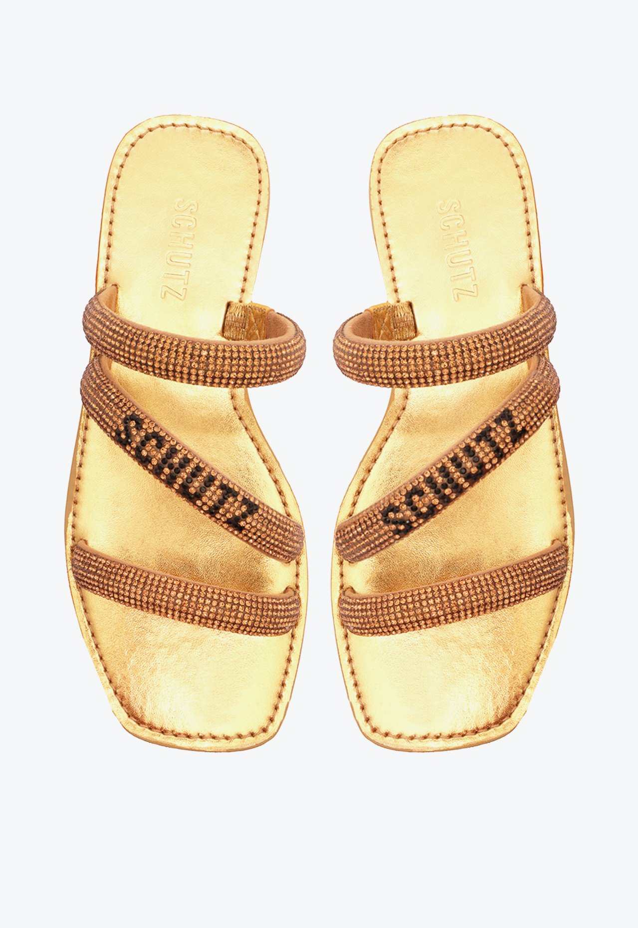 Sandália Rasteira Brilho Schutz Logo Dourada | ZZ MALL