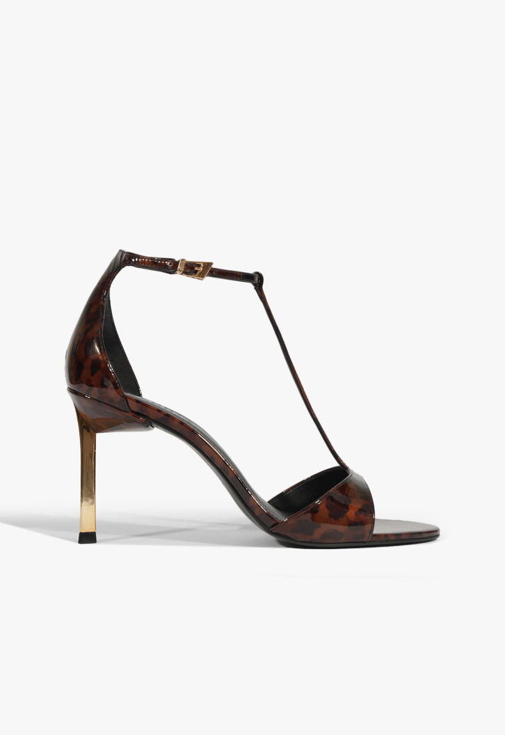 Sandália Verniz Salto Alto Fino Metalizado Animal Print