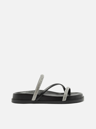 Sandália Rasteira Preta Arezzo Tira Diagonal Strass
