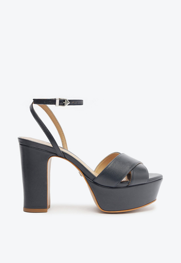 サリー Sandália Plataforma Azul Marinho Schutz Salto Bloco Couro | ZZ MALL