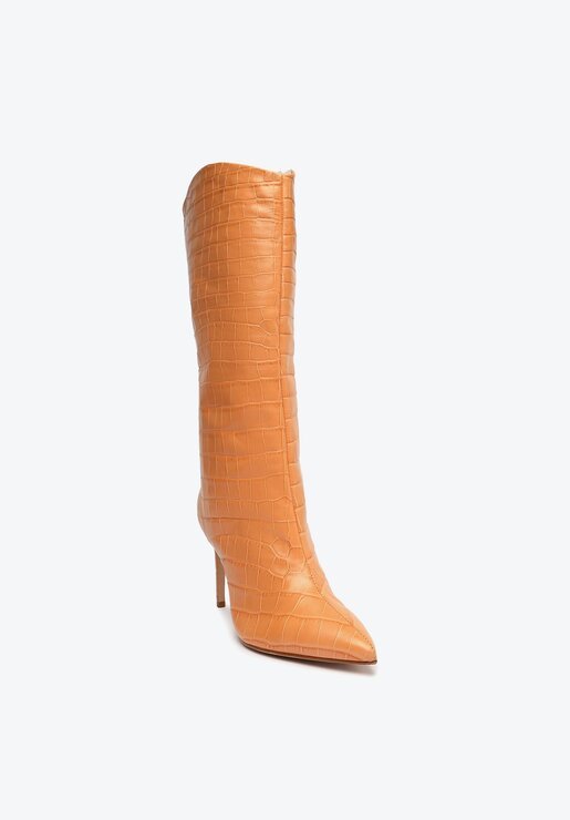 BOTA LARANJA SCHUTZ CANO LONGO SALTO MARYANA COURO CROCO