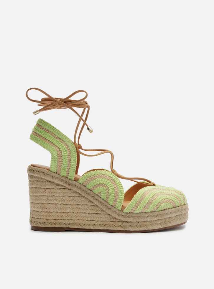 Espadrille Verde Bordada Salto Alto Amarração