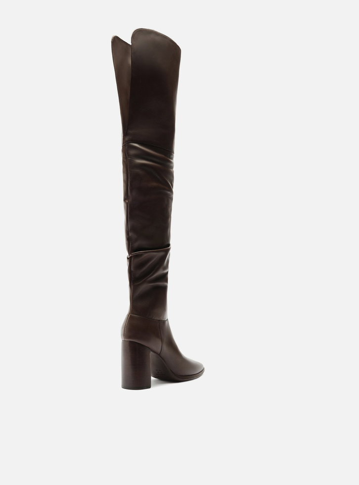 Bota Over The Knee Marrom Couro Salto Alto