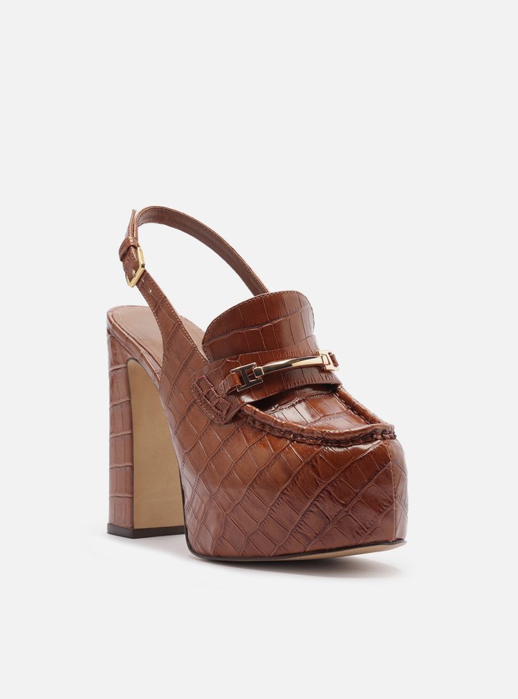 Loafer Marrom Croco Salto Bloco Meia Pata