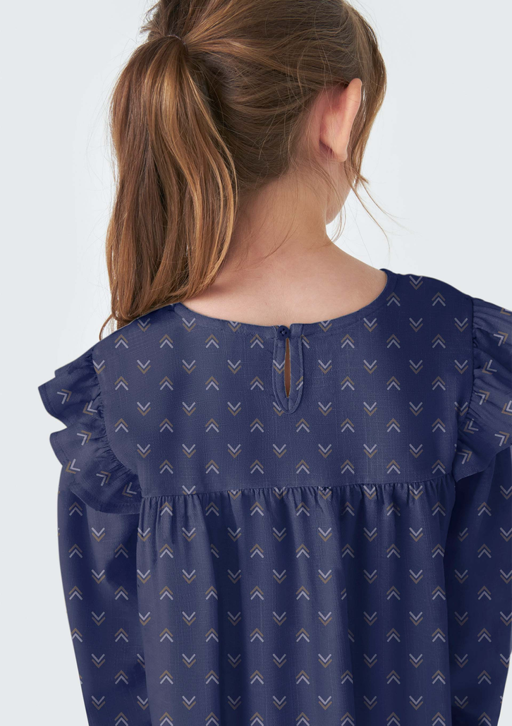Vestido Azul Hering Infantil Mangas 7/8 Com Babados