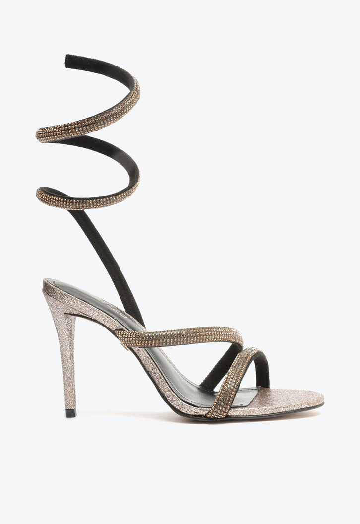 Sandália Dourada Arezzo Salto Fino Espiral Glitter Strass Gigi
