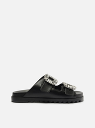 Sandália Slide Flatform Preta Arezzo Couro Pedraria