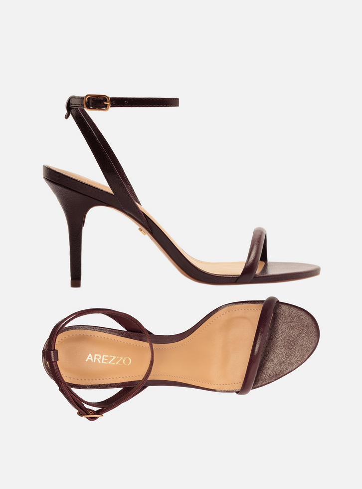 Sandália Bordô Couro Salto Fino Tiras Minimal