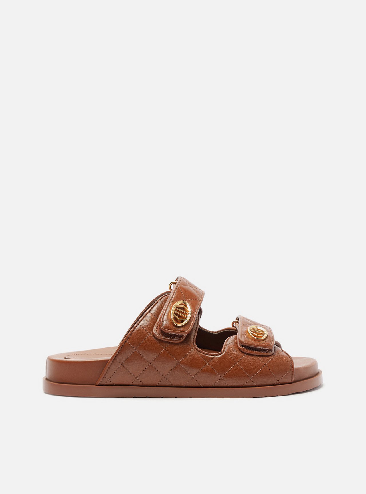 Sandália Papete Caramelo Couro Matelassê Velcro Sandália Papete Caramelo Couro Matelassê Velcro