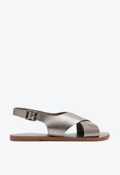 Rasteira  Monocolor Tiras Cruzadas Couro Prateada