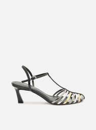 Sandália Preta Arezzo Salto Baixo Fino Tiras Multicolor