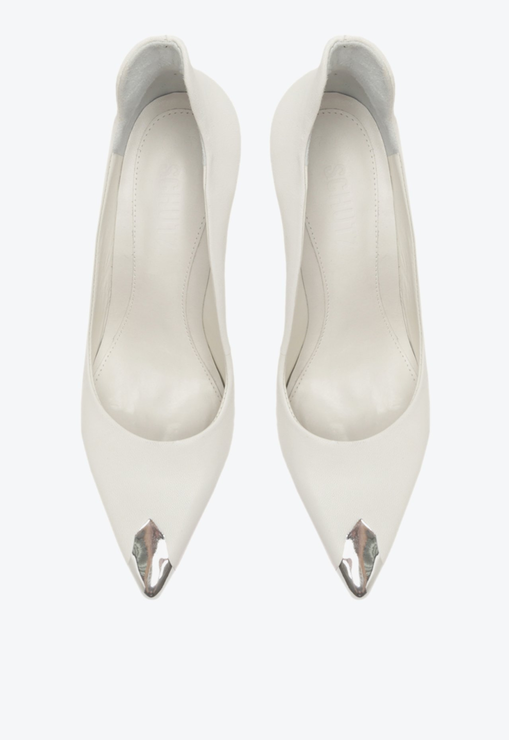 Sapato Scarpin Couro Bico Metalizado Branco