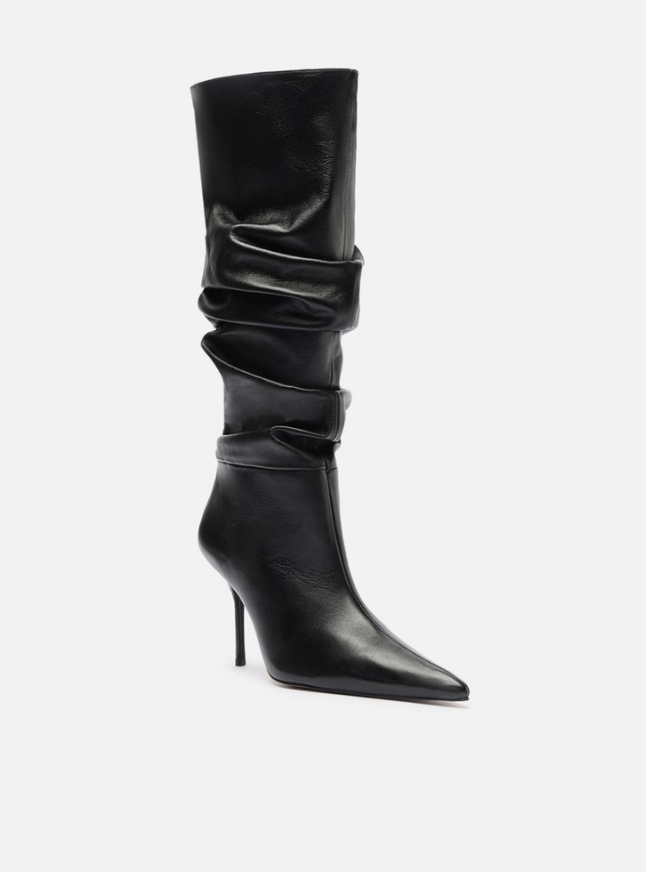 Bota Preta Couro Cano Longo Salto Alto Slouch