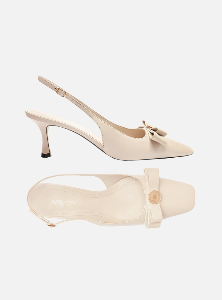 Scarpin Branco Arezzo Couro Bico Quadrado Slingback Laço