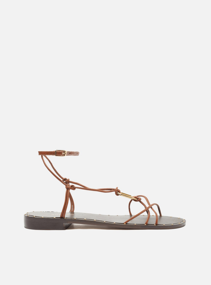 Sandália Rasteira Marrom Tiras Metal