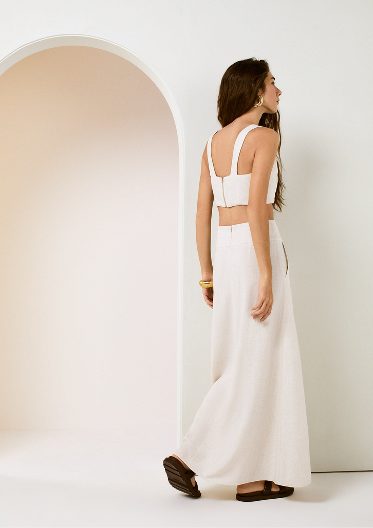 Saia Longa Off White DZARM Evasê Em Viscose Com Linho