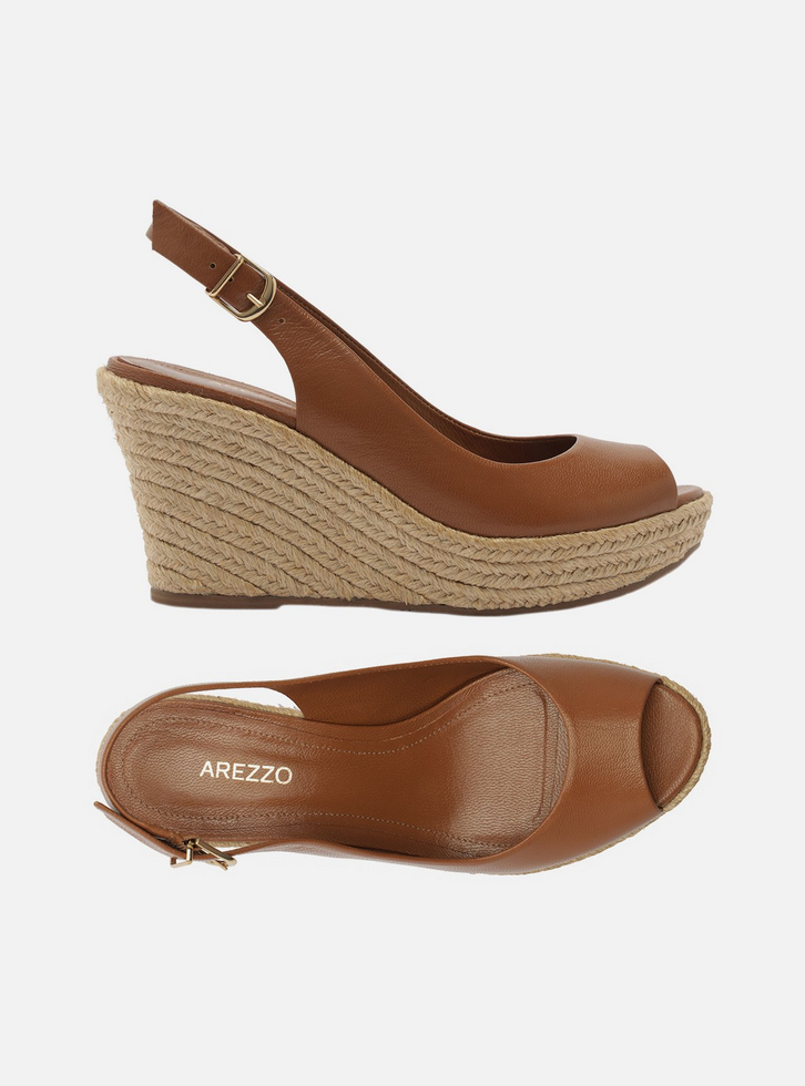 Sandália Marrom Couro Plataforma Slingback