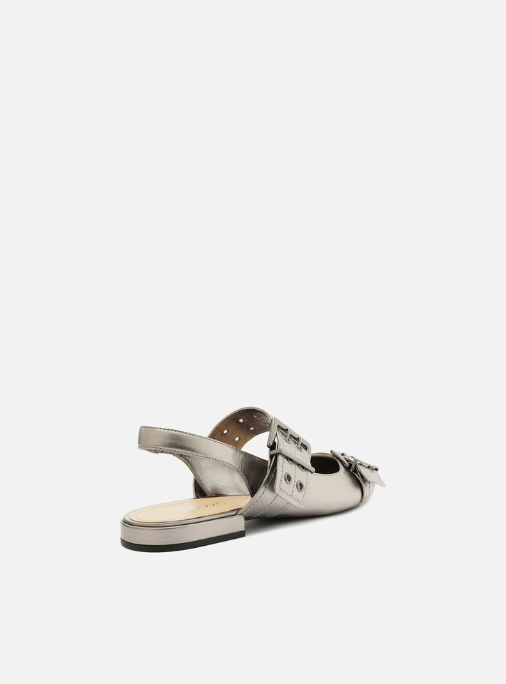 Sapatilha Prata Couro Fivelas Slingback