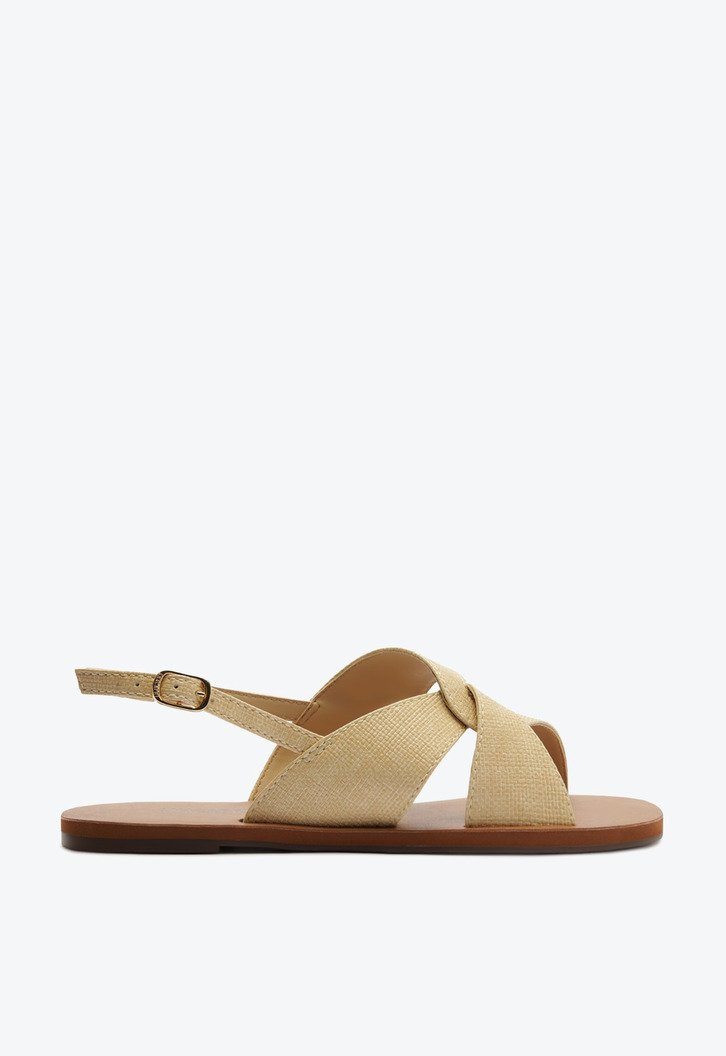 Sandália Rasteira Tiras Largas Transpassadas Bege