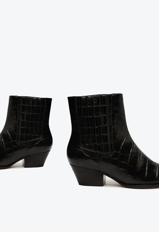 Bota Western Briani Salto Bloco Baixo Couro Croco Preta