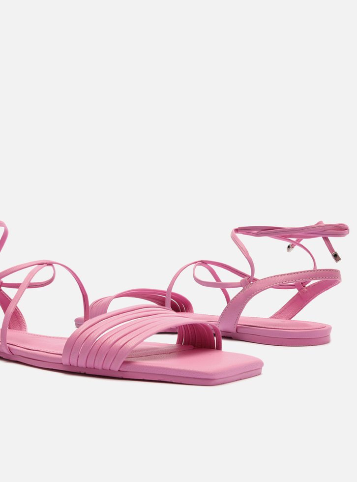 Sandália Rasteira Rosa Arezzo Multi Tiras Amarração