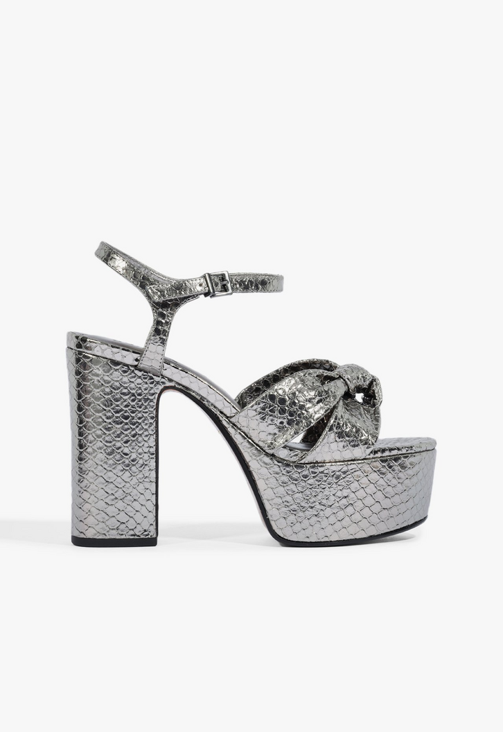 Sandalia Meia Pata Embossed Metallic Serpent Couro Prata