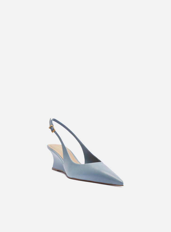 Scarpin Azul Couro Salto Baixo Anabela Slingback