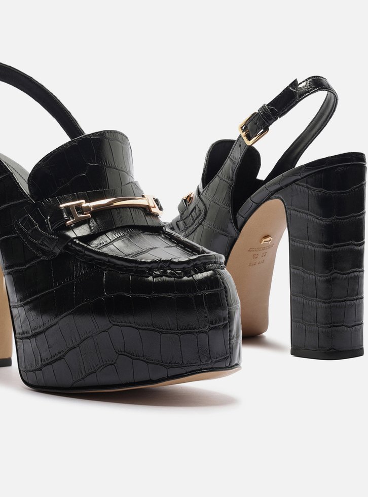 Loafer Preto Croco Salto Bloco Meia Pata