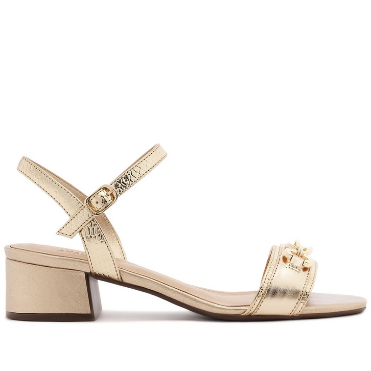 Sandália Salto Bloco Tira Bridão Dourada