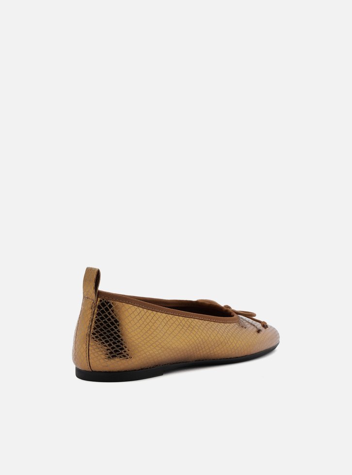 Sapatilha Dourada Snake Shiny Bico Redondo Laço