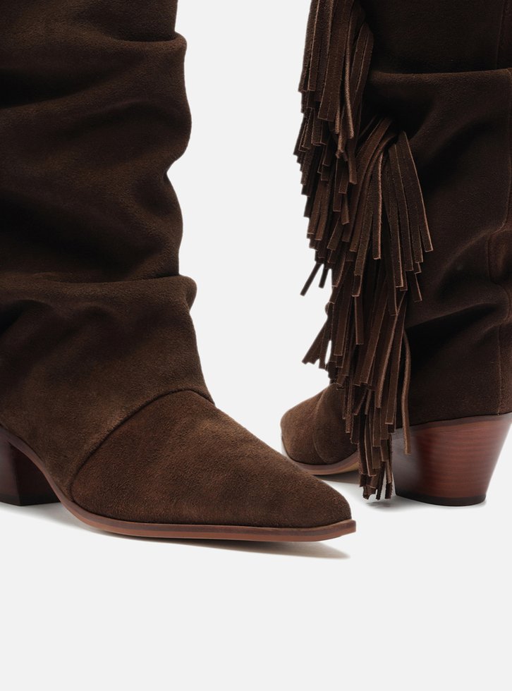 Bota Marrom Suede Cano Alto Bloco Franjas