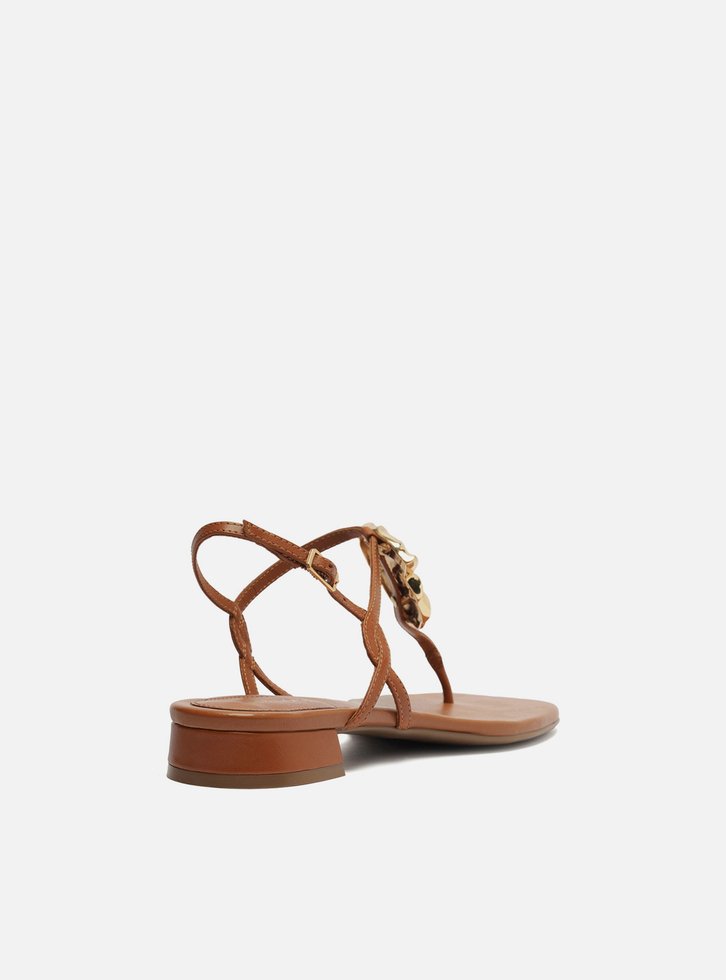 Sandália Marrom Couro Slim Metal Concha