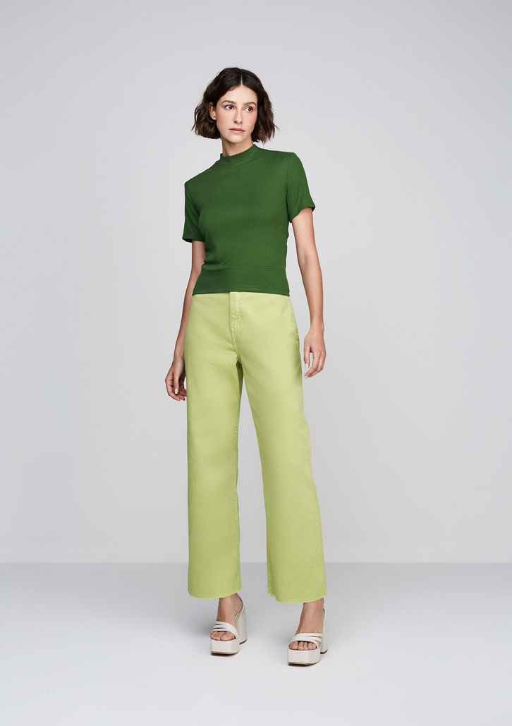 Calça Verde DZARM Em Sarja Wide Leg Slim Cintura Alta