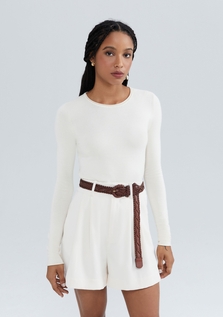 Blusa Creme Hering Manga Longa Slim Em Tricô Leve