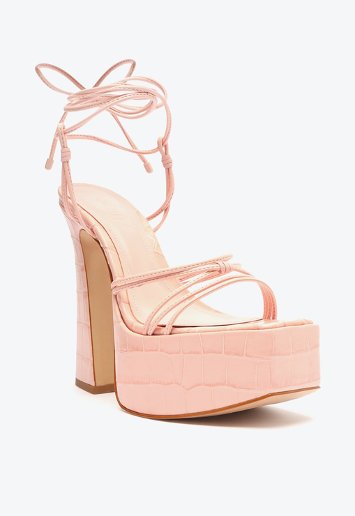Sandália Athena Plataforma Croco Amarração Rosa