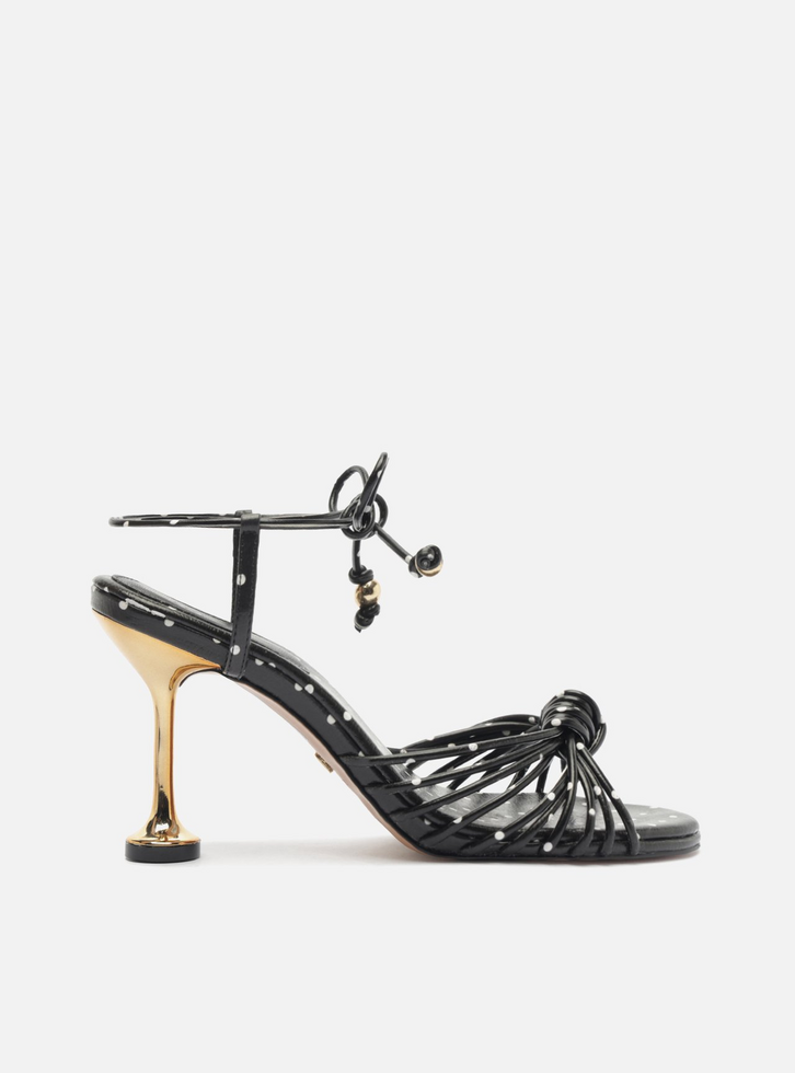 Sandália Preta Poá Salto Alto Taça Amarração