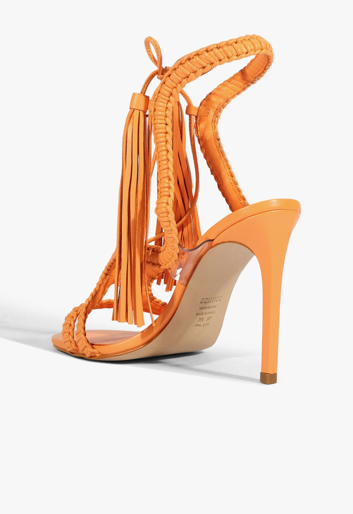 Sandália Salto Alto Lace Couro Laranja
