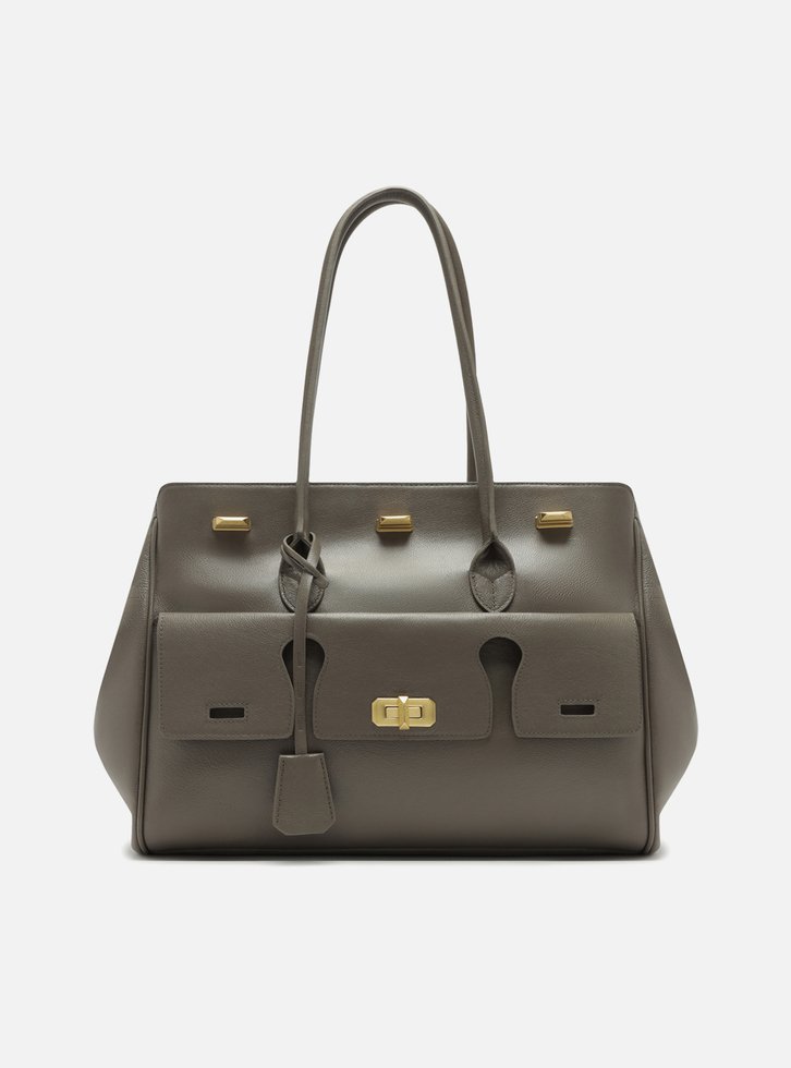 Bolsa Shopping Cinza Couro Grande Bolso Recortes