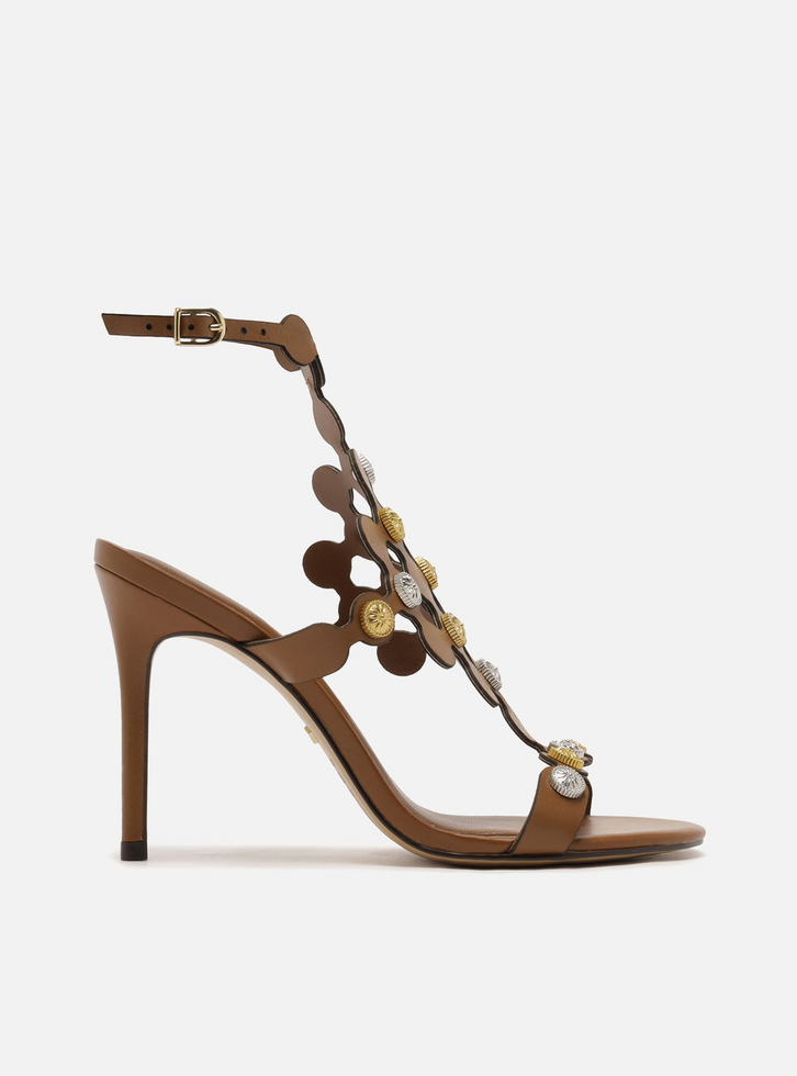 Sandália Marrom Couro Salto Fino Círculos Metais