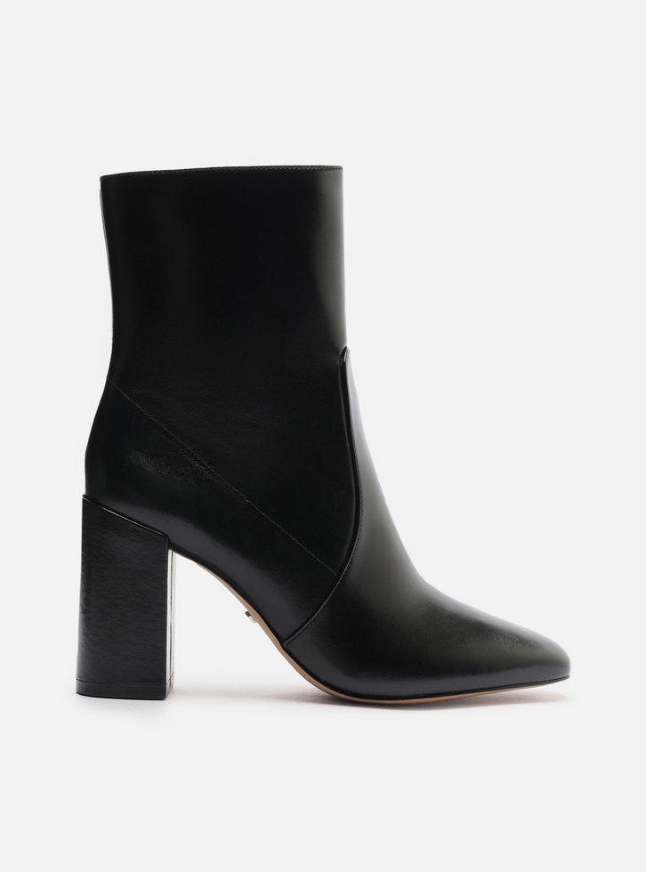 Bota Preta Couro Salto Alto Bloco Cano Médio