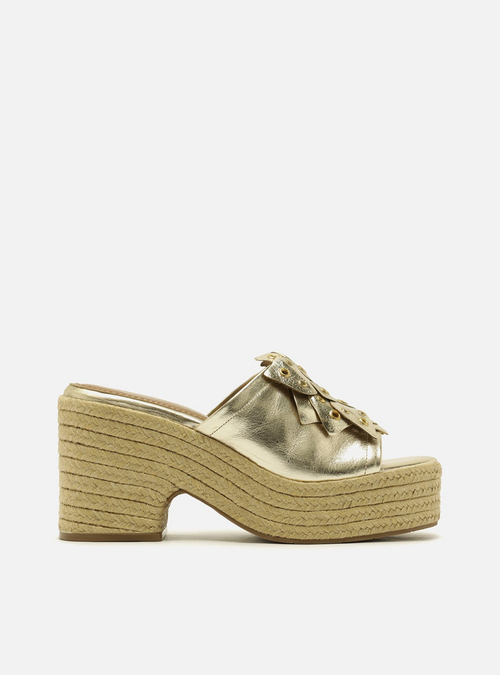 Sandália Dourada  Salto Meia Pata Bloco Metalizada