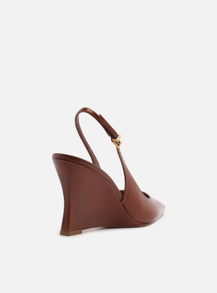 Scarpin Marrom Couro Salto Alto Anabela Slingback