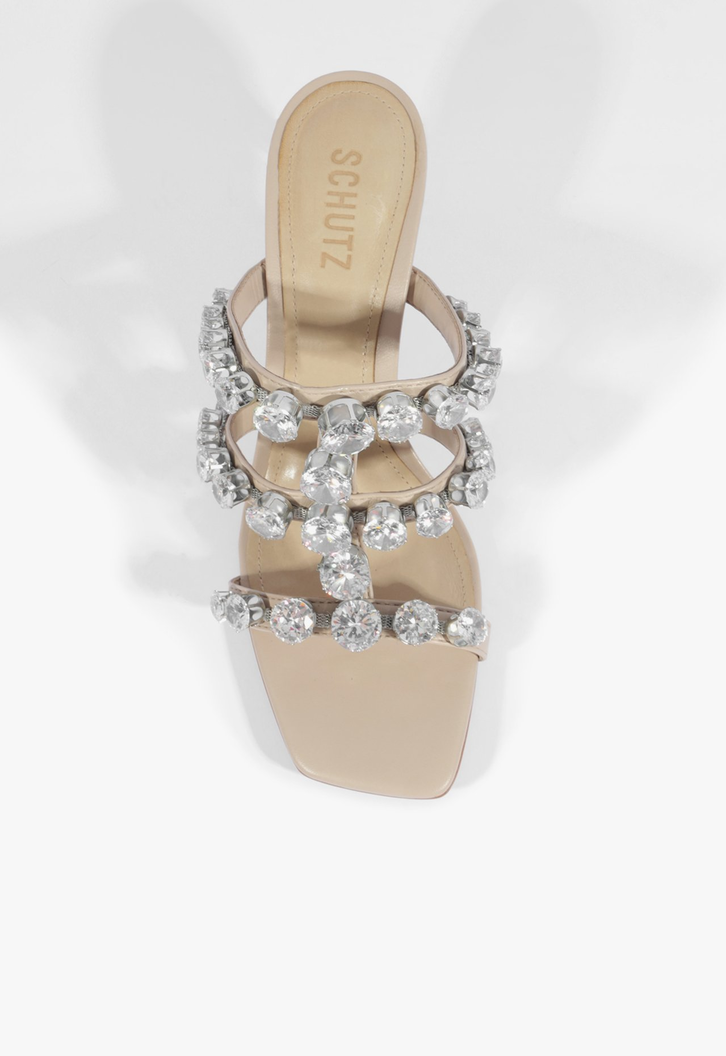 Sandália Mule Salto Médio Glam Bege