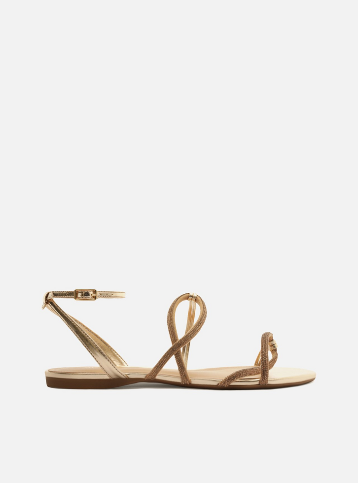 Rasteira Dourada Strass Tiras Curvas