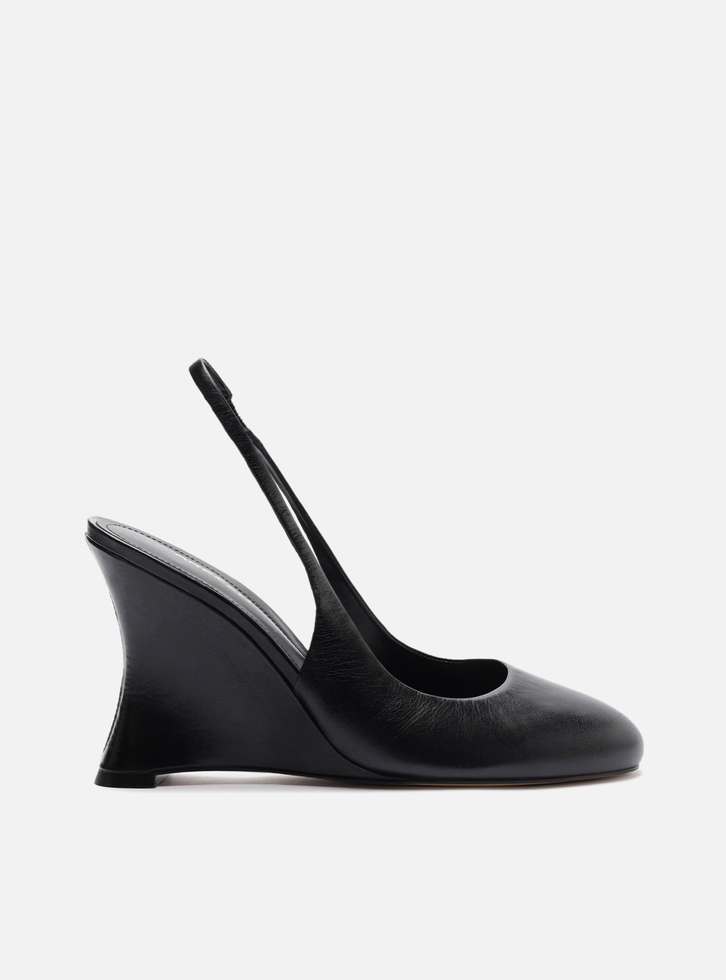 Scarpin Preto Couro Salto Anabela Slingback