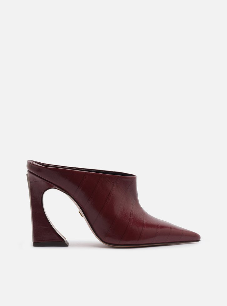 Mule Bordô Couro Textura Salto Alto Flare