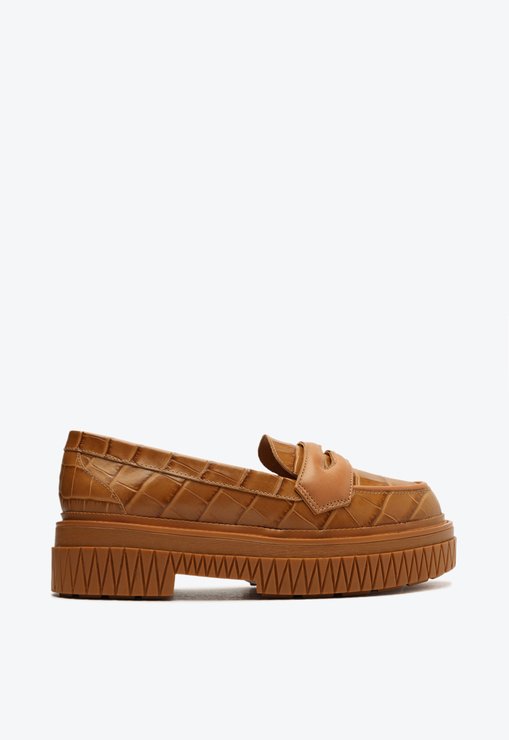 Sapato Mocassim Tratorado Viola Couro Croco Marrom