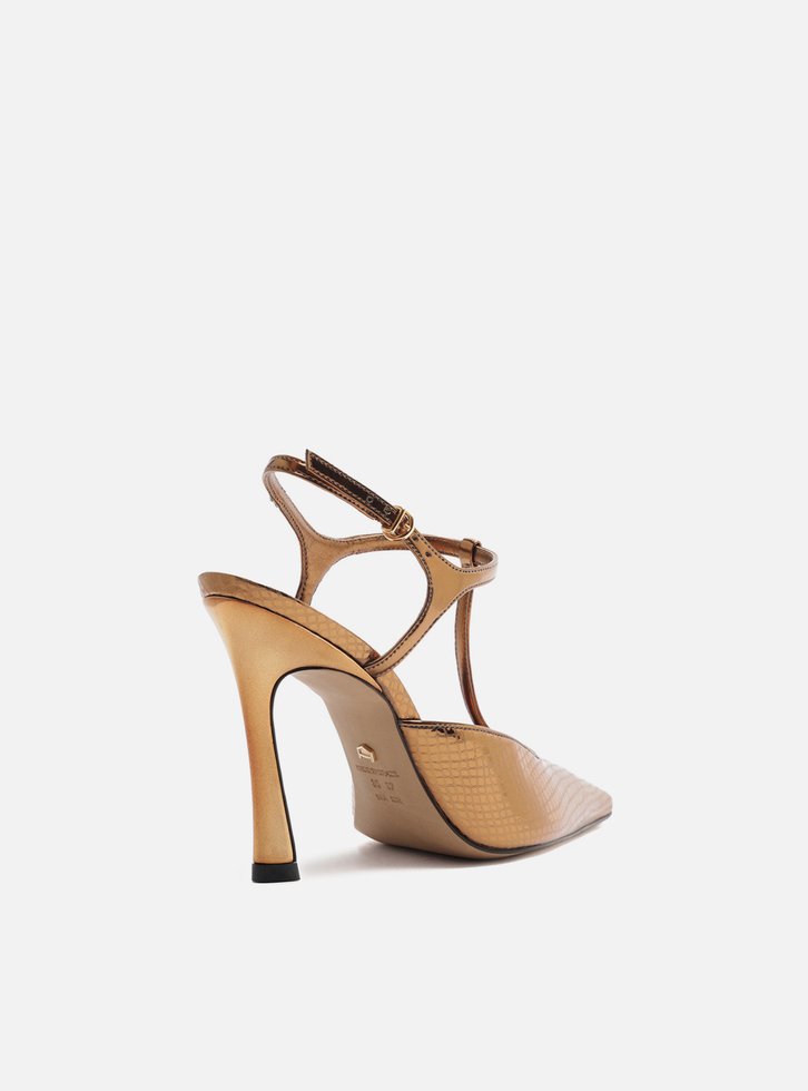 Scarpin Dourado Snake Salto Alto Aberto Telma